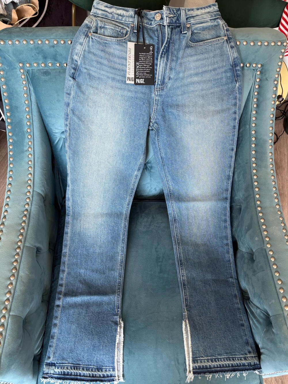 PAIGE Light Blue Flare Jeans with Raw Hem curvy fit